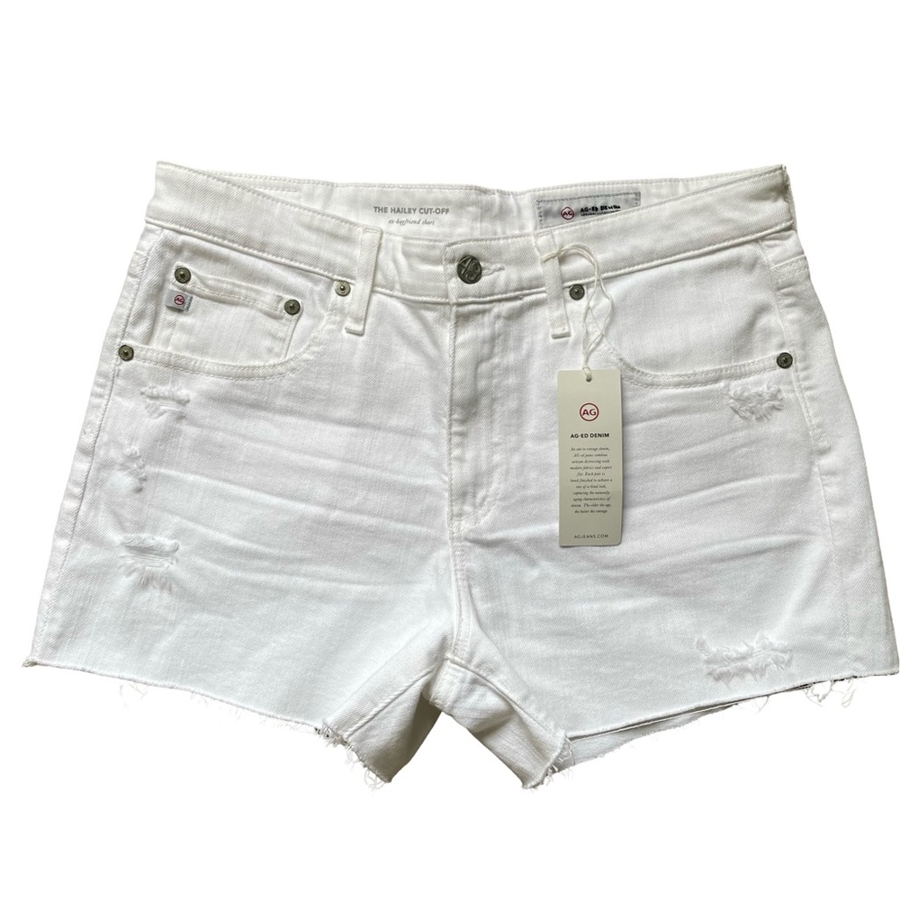 NWT AG Adriano Goldschmied Hailey Ex Boyfriend White Denim Distressed Shorts
